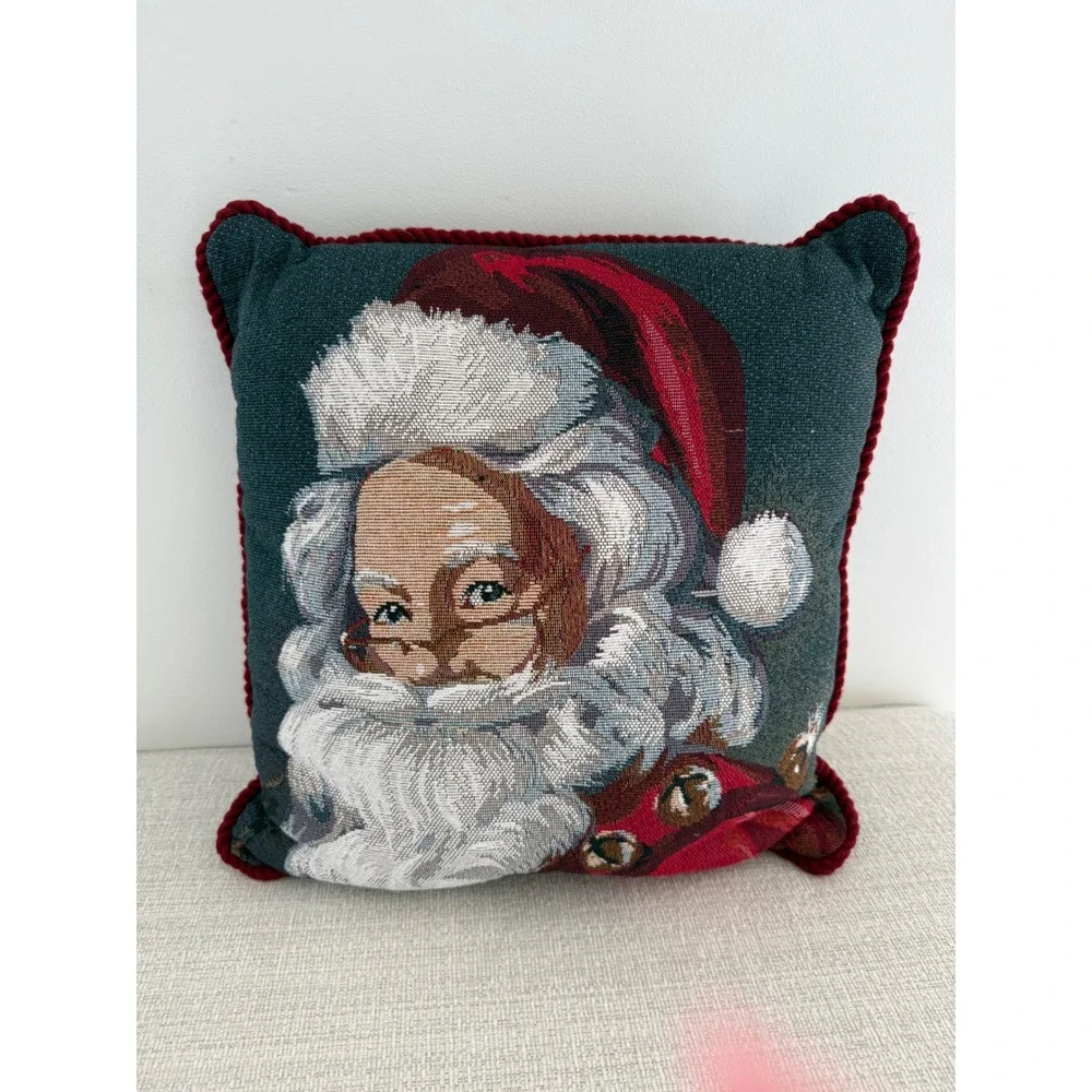 Santa Claus Tapestry‎ Textured Christmas 2 Sided Pillow Red Cord Trim 17x17